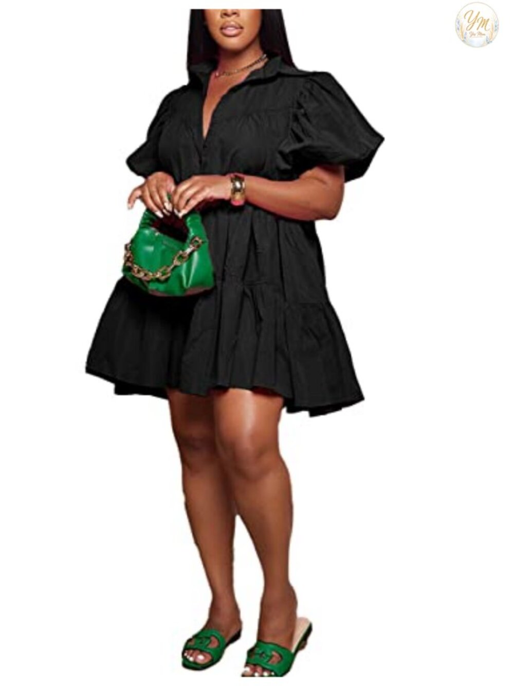 Women's Babydoll Shirt Dress Puff Sleeve Ruffle Hem Pleated Mini